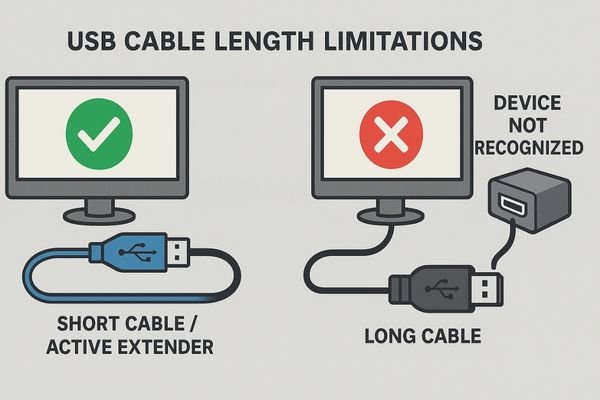 A diagram showing a USB device failing with a long cable, but working with a short cable or an active USB extender