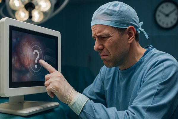 Surgeon showing signs of fatigue while making precise touch adjustments on monitor