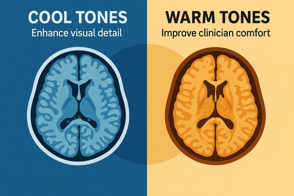 An illustration comparing a cool-toned medical image with a warm-toned version of the same image
