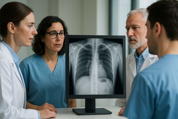 Multiple doctors viewing a single medical display from different angles