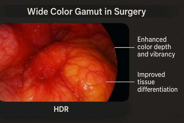 A vibrant endoscopic image on an HDR display showing clear differentiation between tissue types