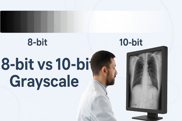 Infographic comparing 8-bit and 10-bit grayscale in medical imaging with a radiologist examining a chest X-ray on a high-resolution monitor