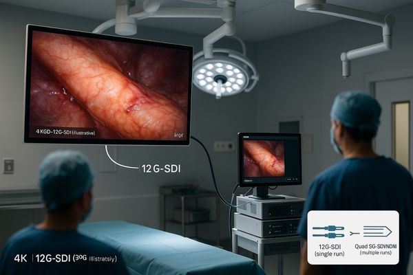 A clean installation in an OR showing a single 12G-SDI cable connecting an endoscopy cart to a large ceiling-mounted 4K surgical display.
