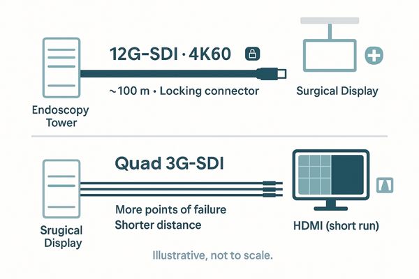 A diagram showing a single 12G-SDI cable running from an endoscopy tower to a surgical display, contrasted with a thicker bundle of four 3G-SDI cables.