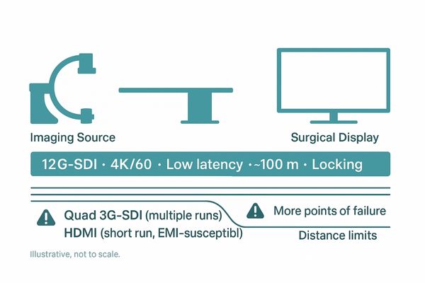An infographic showing a single 12G-SDI cable providing a clean 4K/60 signal to a surgical monitor, contrasted with a competitor's multi-cable or signal-degrading solution.