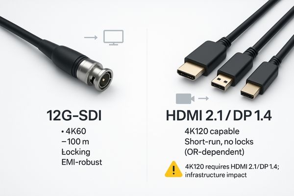 A comparison image showing a single, robust 12G-SDI cable versus the thicker, less-flexible HDMI 2.1 and DisplayPort cables.