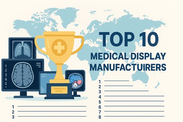 Flat-style infographic illustrating the 2025 global top 10 diagnostic display manufacturers ranking, featuring a stylized medical trophy and interconnected elements representing technology, market presence, and clinical value.