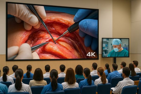 Medical students watching a live 4K surgical demonstration on a large monitor in a teaching hospital auditorium, highlighting fine anatomical details and precise surgical techniques.