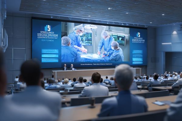 A large 4K monitor in a teaching hospital auditorium displaying a live surgery