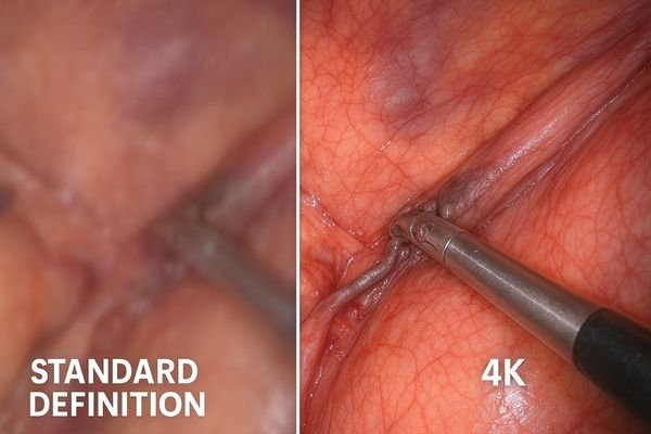 A split-screen comparison showing the same anatomical view in standard definition vs. 4K resolution