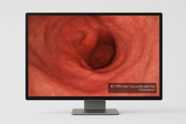 An endoscopic view of the gastrointestinal tract on a medical monitor, showing vibrant, accurate reds and pinks of the tissue.