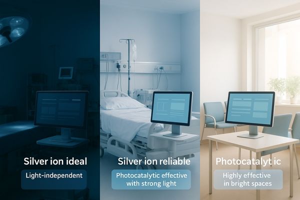 A collage of different hospital rooms: a dark operating room, a bright ICU, and a sunlit waiting area