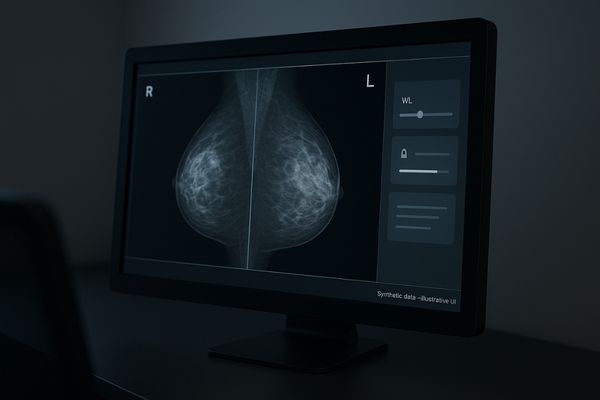 An image of a mammography suite with a focus on the high-resolution diagnostic monitor used for reading.