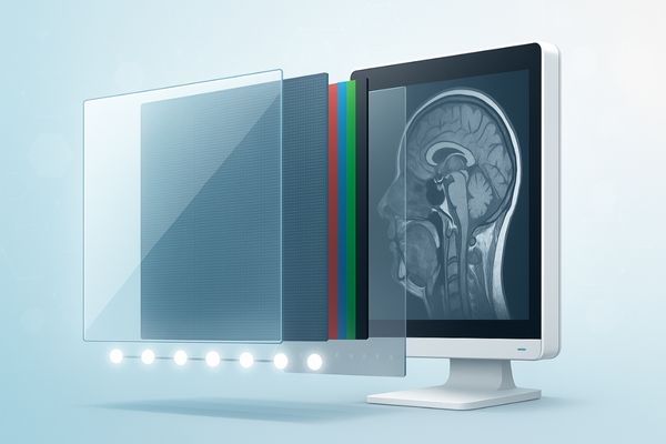 Cross-sectional illustration of advanced medical display panel layers showing protective glass, anti-reflective coating, LCD matrix, and backlight, with a high-resolution brain scan on screen.