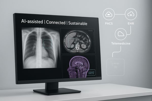 A futuristic image depicting a smart, AI-integrated medical display seamlessly connected to PACS and telemedicine platforms