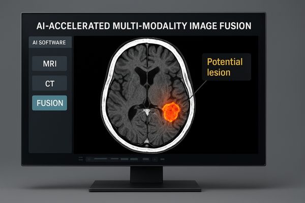 AI software on a diagnostic monitor automatically fusing a brain MRI with a CT scan and highlighting a potential lesion