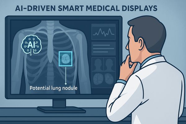 A futuristic display with an AI overlay that automatically highlights a potential lung nodule for the radiologist
