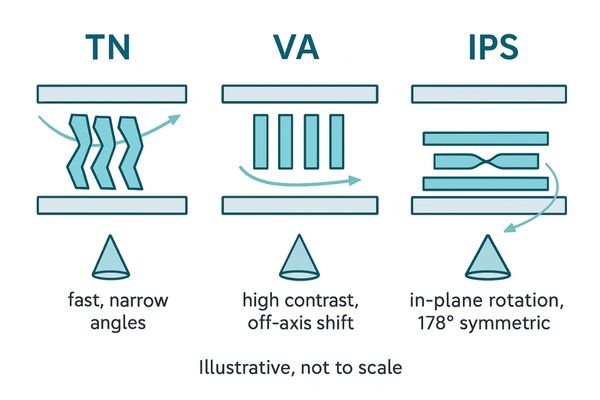 A technical diagram comparing the pixel structure and light path of IPS, TN, and VA panel technologies.