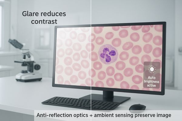 A split-screen image contrasting a monitor screen with heavy glare and another with a clear, anti-reflection coated surface in the same room