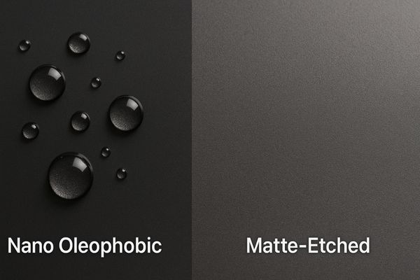 Side-by-side comparison of a nano oleophobic and matte-etched display screen