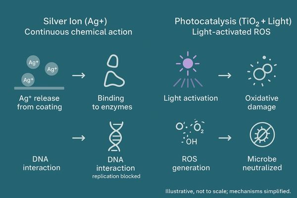 An animated diagram showing silver ions attacking a bacterial cell versus light activating a photocatalytic surface