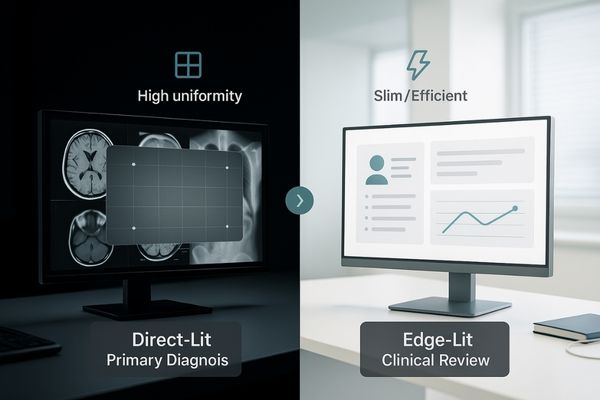 Split image showing a radiology room and a clinical review station