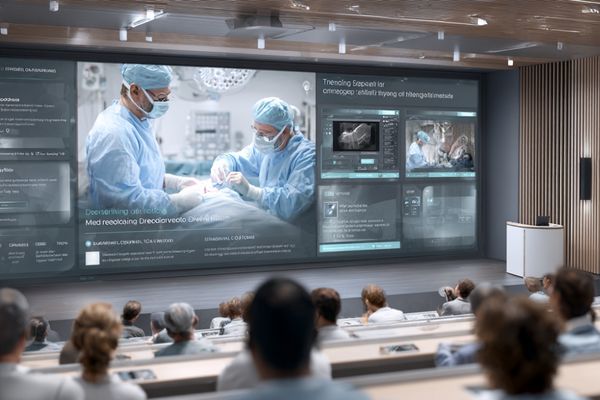 An engaged audience in a bright conference room watching a clear image on a Reshin 4K monitor