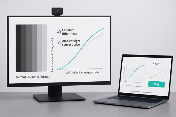 An image illustrating the calibration process, showing a front sensor on a monitor screen connected to QC software on a laptop