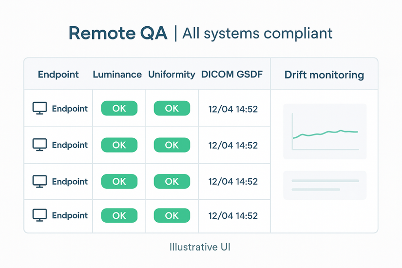 A dashboard showing the automated QA status of multiple remote medical displays, all green and in compliance