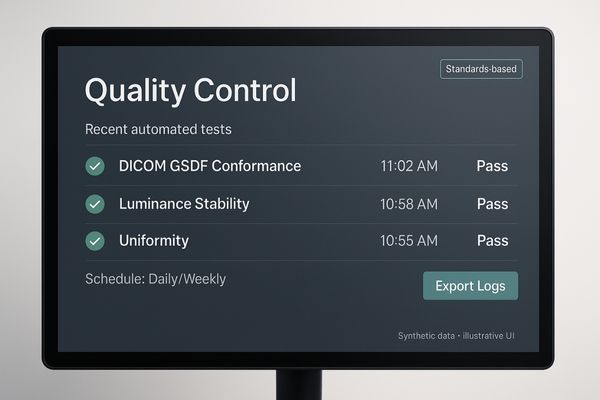A screenshot of a display's on-screen menu showing the results of a successful automated DICOM compliance self-test, with a green 