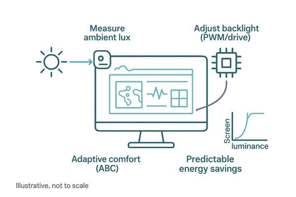 A diagram illustrating an ambient light sensor detecting room light and sending a signal to adjust the monitor's backlight
