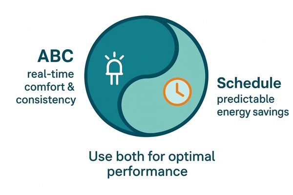 A balance scale showing ABC's 'Convenience' on one side and Scheduled Mode's 'Efficiency' on the other