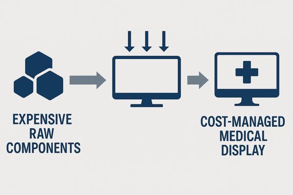 An image showing a flowchart from expensive raw components to a final, cost-managed medical display