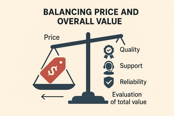 A balanced scale with a price tag on one side and icons for quality, support, and reliability on the other