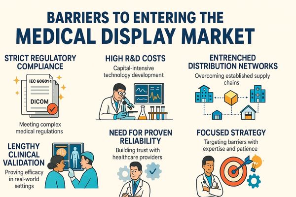 Barriers to entering the medical display market illustrated with icons for regulatory compliance, high R&D costs, distribution challenges, clinical validation, and reliability requirements.