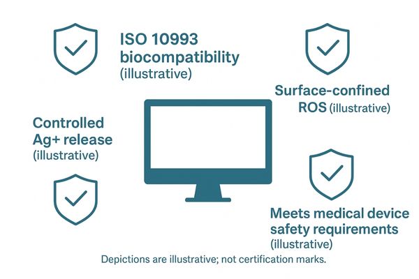 An icon-based image showing safety certification logos like ISO 10993 and CE marks