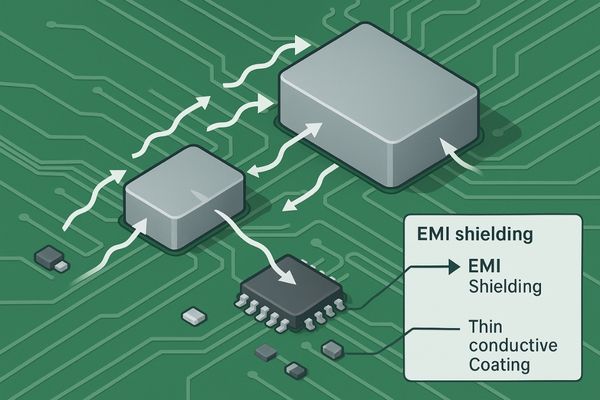 A close-up view of a compact electronic circuit board with small shields