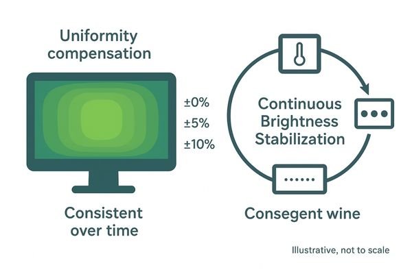 A diagram illustrating a monitor with uniformity compensation, showing an even brightness level from the center to the corners of the screen.