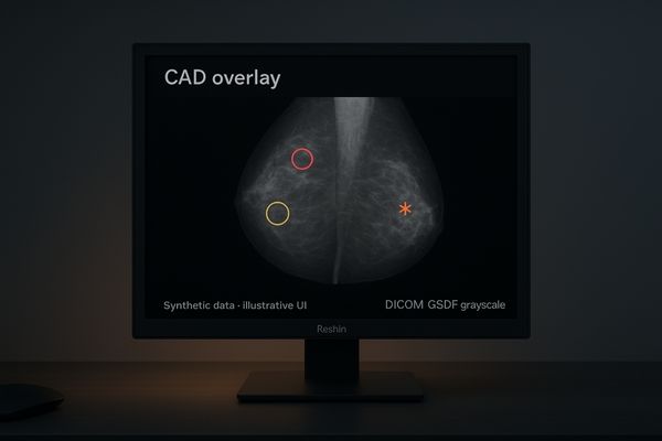 A mammogram on a color-capable medical display, with bright, distinct CAD markers overlaid on the grayscale image, highlighting a region of interest.