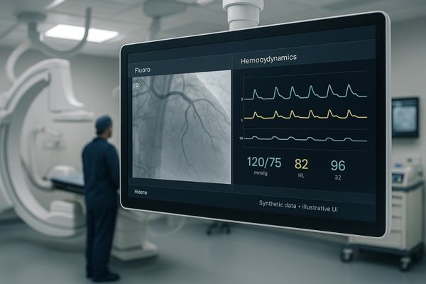 A modern cardiac catheterization lab with a large, boom-mounted display showing live fluoroscopy and hemodynamic data.