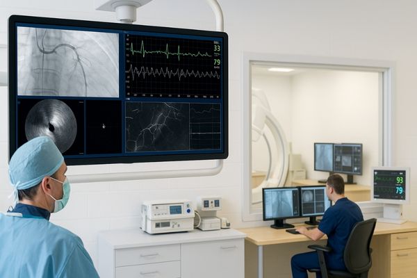 Cardiac catheterization lab with boom-mounted 4K medical monitor displaying fluoroscopy, hemodynamic data, IVUS, and angiogram in quad-view layout, with control room in background.