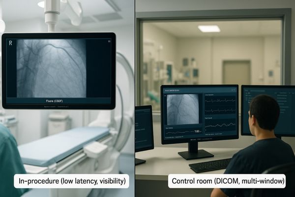 A split-screen image showing a surgeon viewing a large boom-mounted display in the cath lab on one side, and a technician at a multi-monitor desk in the control room on the other.