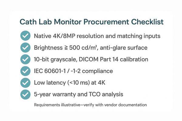 Checklist graphic highlighting key procurement criteria for medical displays