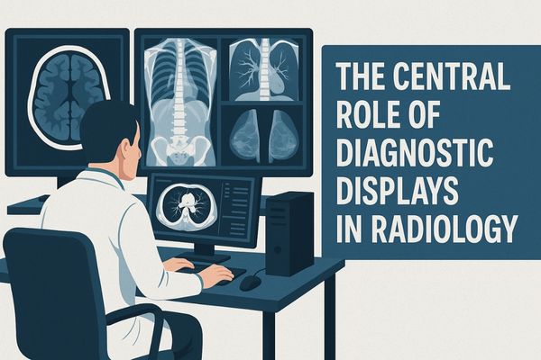 A radiologist's workstation with multiple high-resolution diagnostic displays showing complex scans