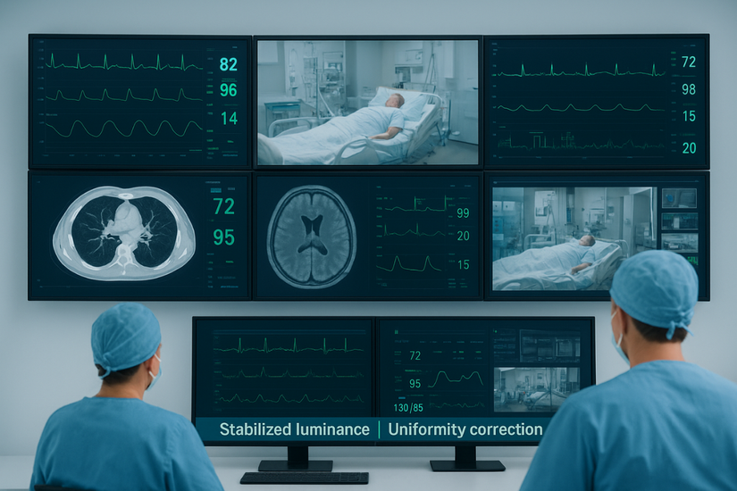A tele-ICU command center with a wall of monitors showing patient data and live video from multiple rooms