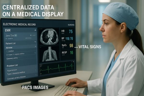 A clinician at a nursing station reviewing a patient's chart with PACS images on an integrated display
