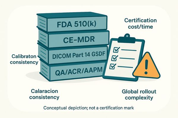 An image showing a stack of regulatory documents with stamps like FDA, CE, and DICOM, signifying a complex compliance process