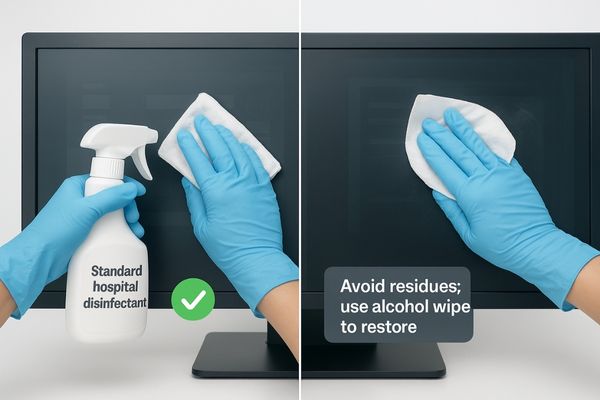 A split image showing a cleaner using a standard disinfectant on one screen and a special gentle cleaner on another