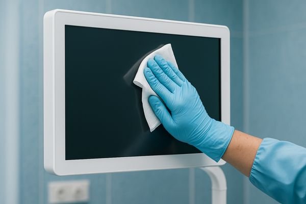 A close-up shot of a gloved hand wiping down the seamless glass front of a medical display with a disinfectant wipe