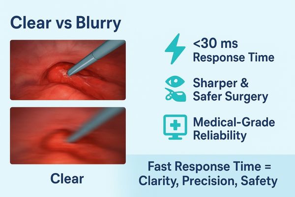 Side-by-side comparison of clear surgical imaging on a fast medical monitor versus blurry motion artifacts on a slow display.